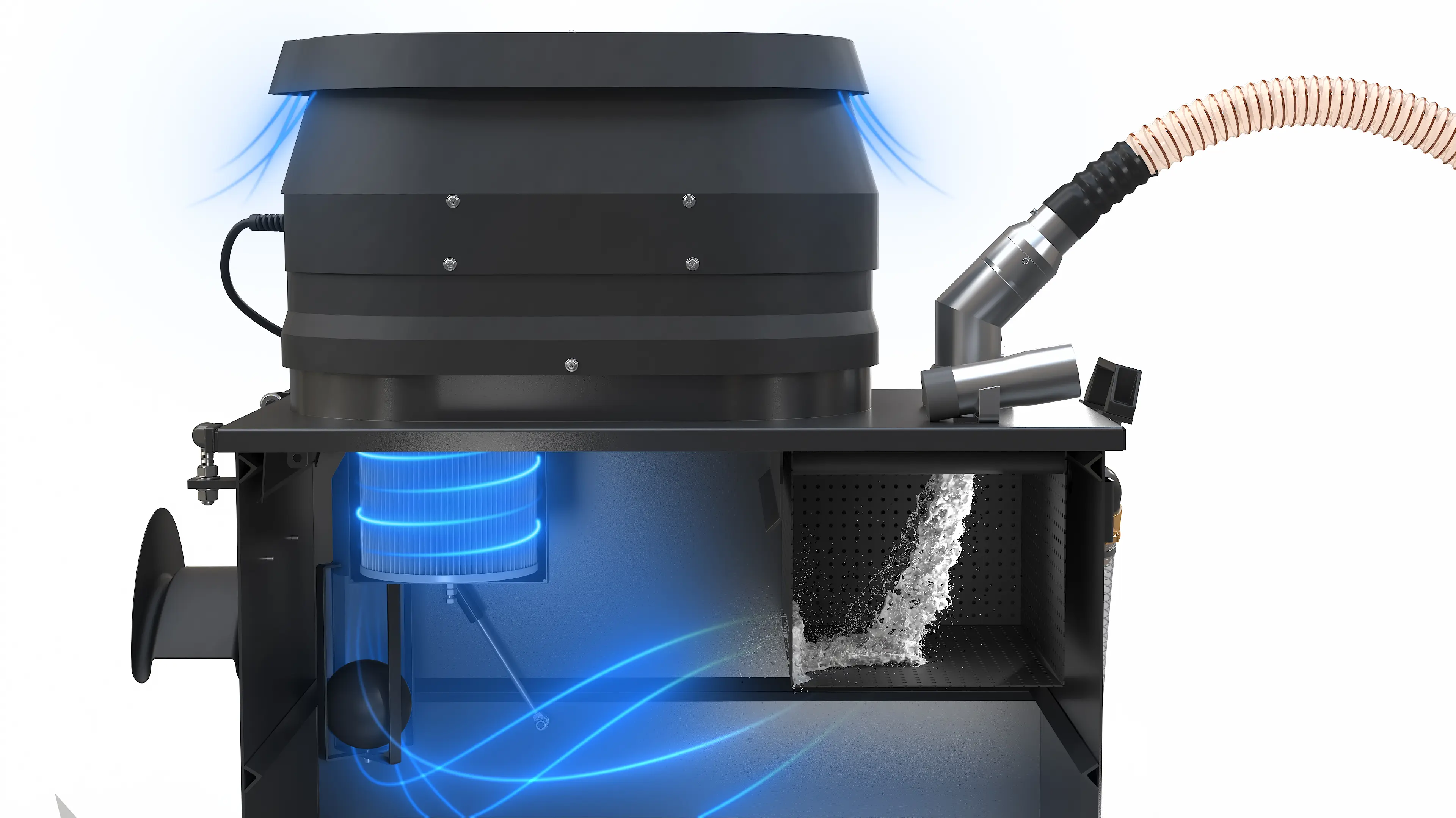 Aerosol-free exhaust air as standard: Certified filter technology and automatic shut-off ensure clean exhaust air and enhance the safety of employees and equipment.
