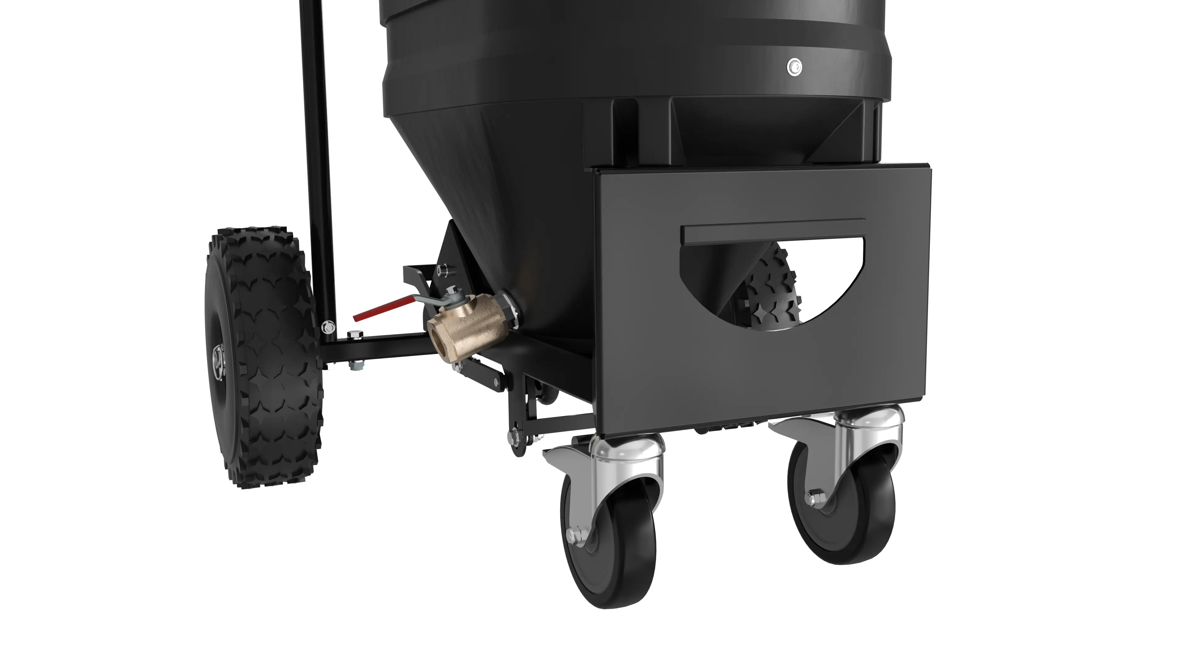 Mobility for heavy-duty applications: Large pneumatic wheels and two swivel casters ensure high ground clearance and stable handling—even when fully loaded, over thresholds, or on uneven surfaces.