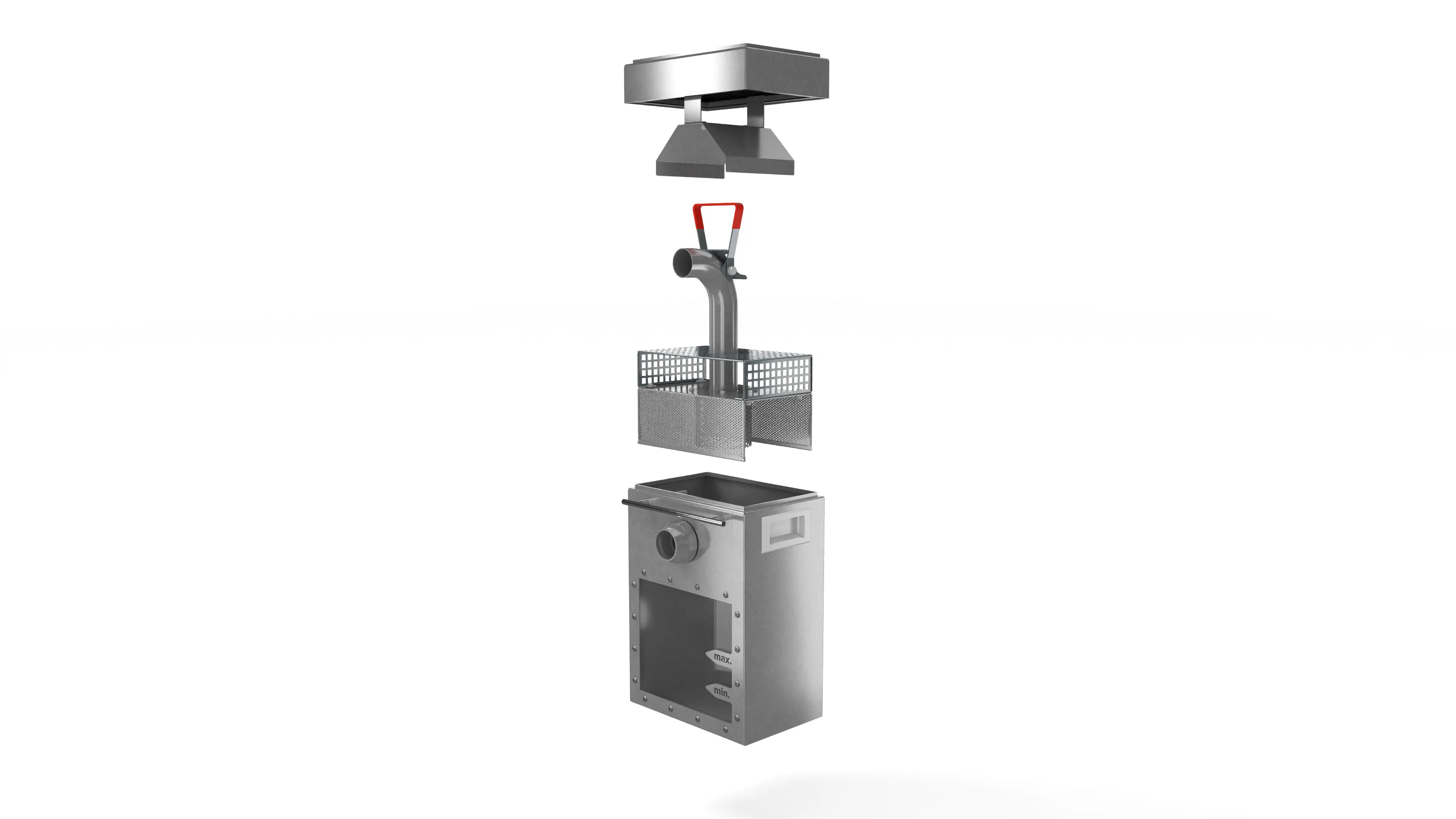 Stainless steel where it counts: The V2A stainless steel liquid container is corrosion-resistant, robust, and durable. It withstands aggressive media, can be thoroughly cleaned, and remains reliable even with frequent emptying.