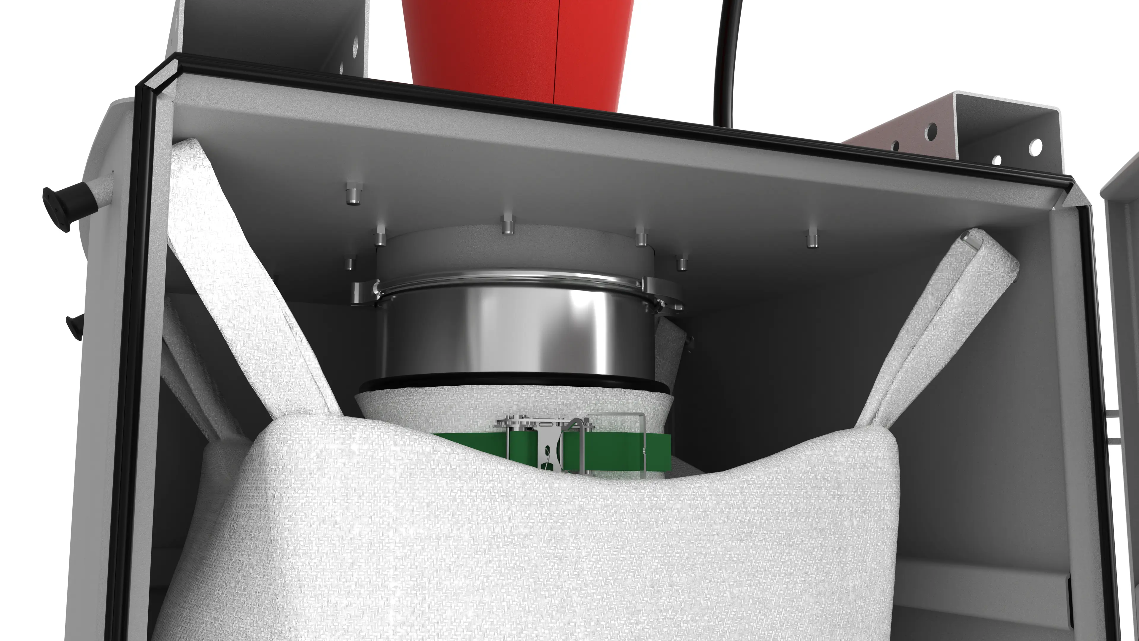 Dust-free big bag filling. Closed system for clean material handling.