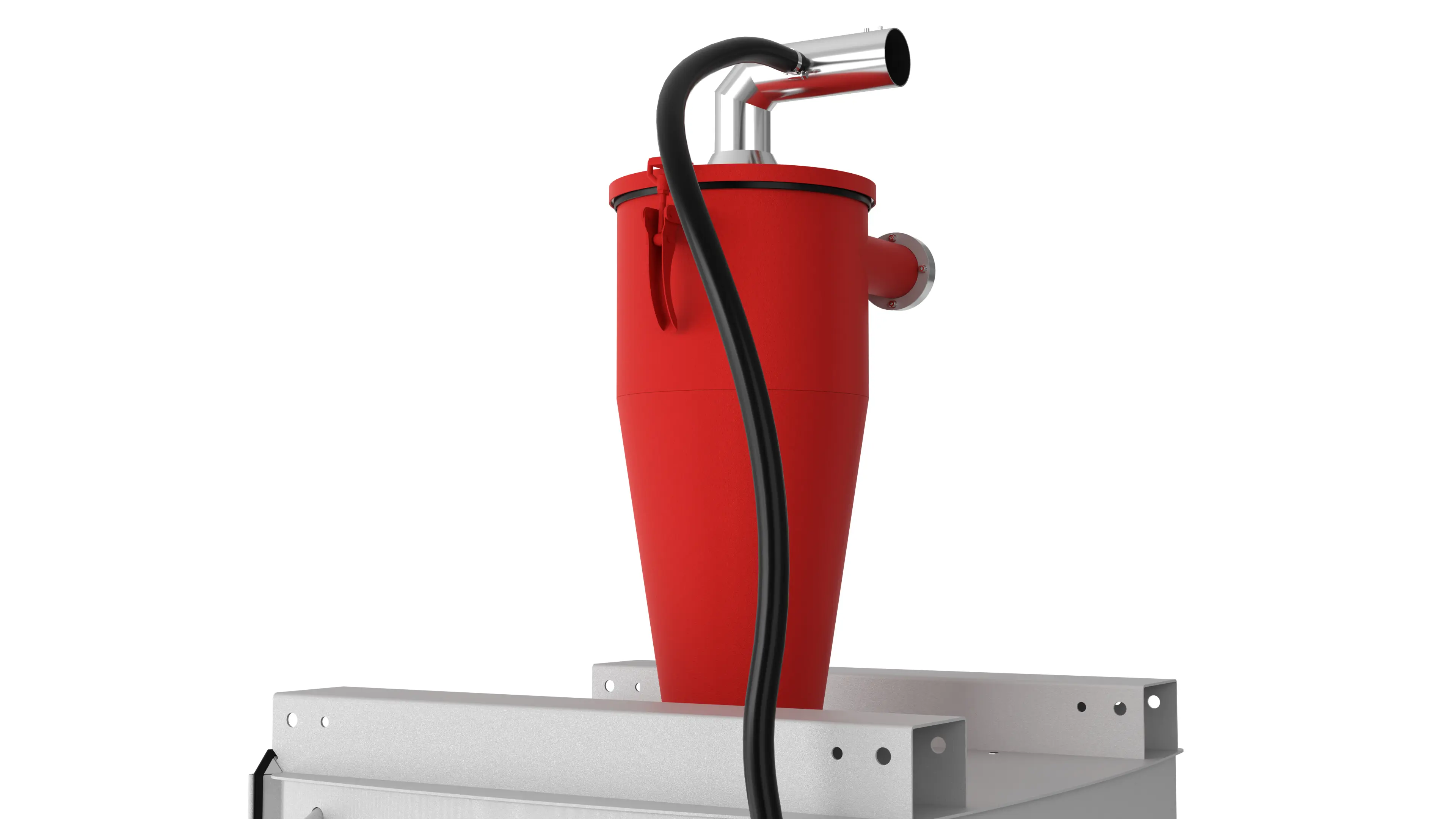 Vacuum pressure instead of mechanical components. No rotary valve, no sluice gate, no wear in the product flow.